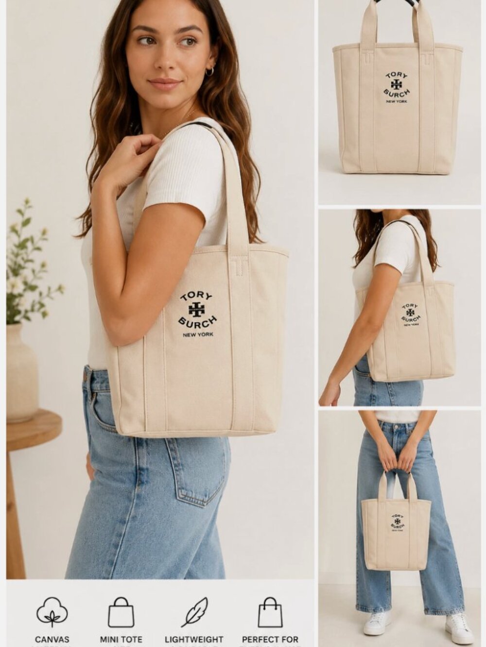 NEW Tory Burch Canvas Mini Tote Bag with Navy Blue Logo